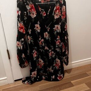 White House Black Market Black Floral V‑Neck Long Sleeve Dress with Pink Accents